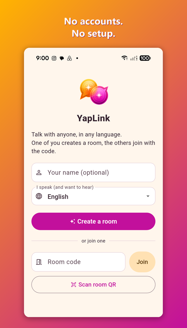 The home screen: pick a language and create a room